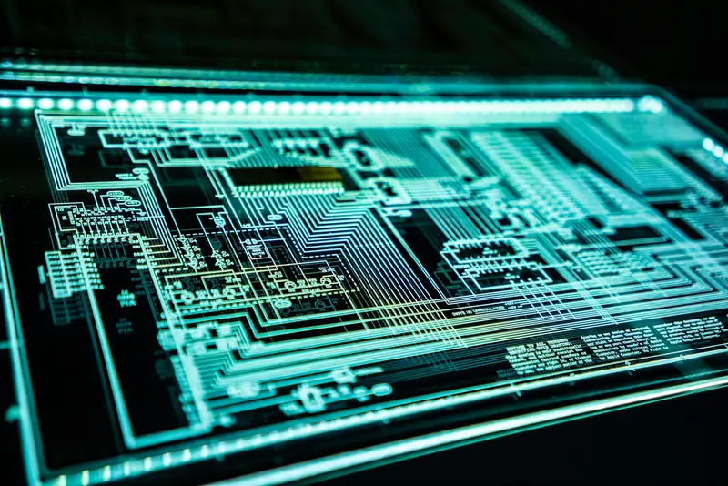 Glowing circuit board representing machine learning hardware