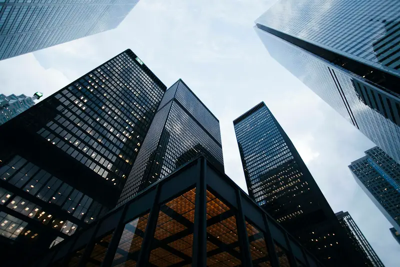 Glass skyscrapers in a financial district