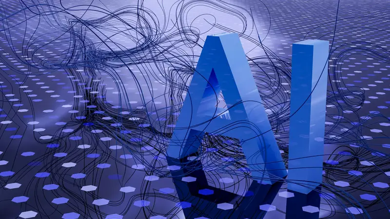 3D render of the letters AI on a digital network